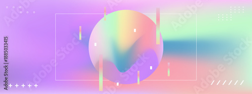 A futuristic banner featuring a central iridescent fluid sphere surrounded by subtle floating bars and decorative cross symbols