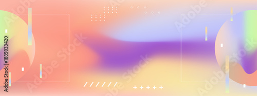 An elegant wide background showcasing smooth peach and purple transitions with minimalist white framing and decorative dot patterns