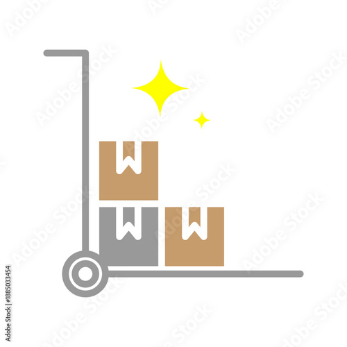 Outline icon of a trolley carrying stacked boxes, representing warehouse, logistics, delivery, storage, and inventory management.