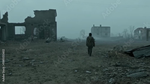 A person walks through a post-apocalyptic, fog-filled landscape