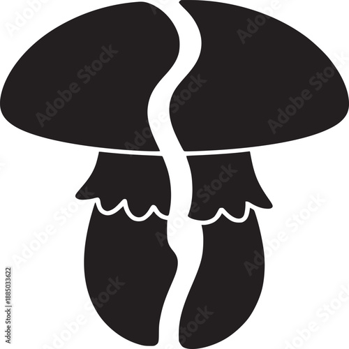 A black and white graphic of a mushroom split down the middle on a white background design element