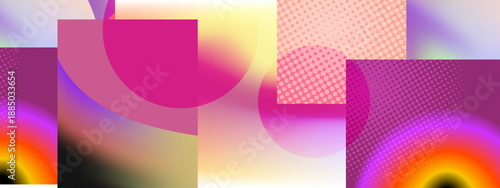 An intense and warm abstract composition using bold color blocks glowing circular elements and vintage style dot textures