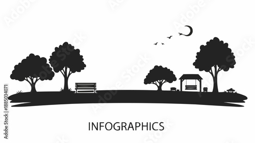 Silhouette of a park scene with trees benches and a gazebo.