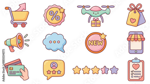 Front‑view grid of twelve e‑commerce icons featuring shopping cart, discount badge, drone delivery, gift bag, megaphone, new product label, credit‑card hand and price tag