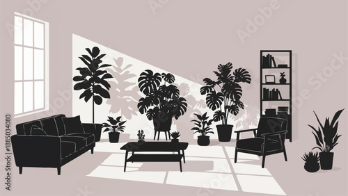 Silhouette of a modern living room filled with houseplants.