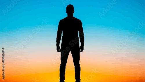 Silhouette of a man standing against a vibrant sunset sky.