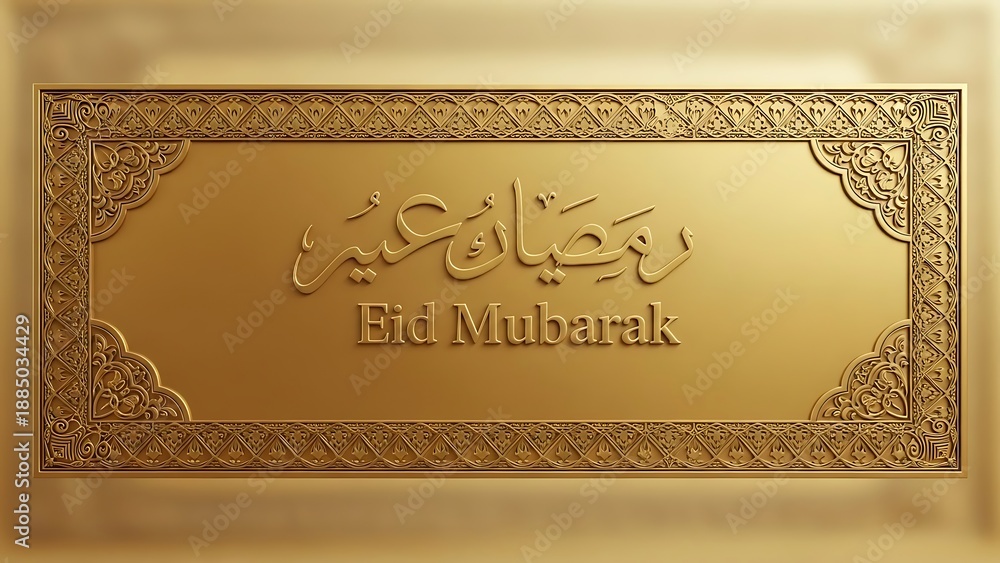 Fototapeta premium Eid mubarak greeting card with arabic calligraphy and ornate gold design
