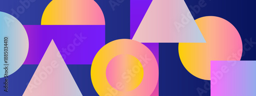 Elegant composition of soft gradient circles and triangles over a deep navy blue background