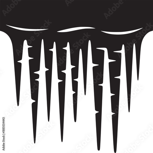 A black and white graphic of icicles hanging down from a dark surface with jagged edges design art