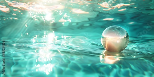 Luminous pearl floating on shimmering water surface with sunbeams