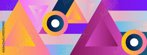 Dynamic geometric composition of overlapping triangles and circles in vibrant warm and cool tones