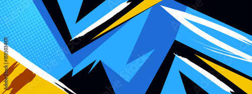 High energy sports background featuring electric blue streaks and yellow accents with aggressive black angular shapes and brush strokes
