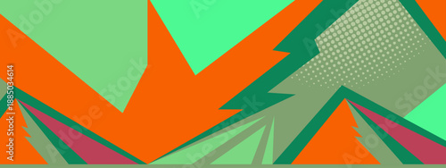 Sharp emerald and bright orange geometric spikes overlapping with textured dot patterns creating a fast paced visual energy