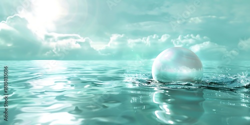 Luminous pearl emerging from shimmering turquoise ocean waves under bright sunlight.