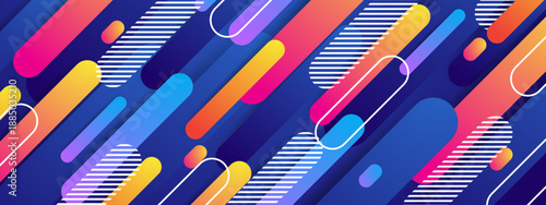 Overlapping diagonal rounded lines in blue orange pink and yellow with dashed textures
