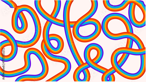 Seamless vector illustration featuring an abstract colorful background of bright rainbow circles and decorative wavy lines in a retro mosaic pattern design