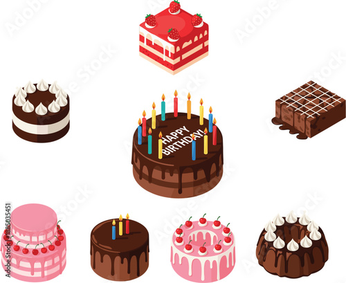 Delicious Birthday Cake and Sweet Dessert Set Featuring Chocolate Strawberry and Vanilla Flavors in Isometric Vector Illustration Style
