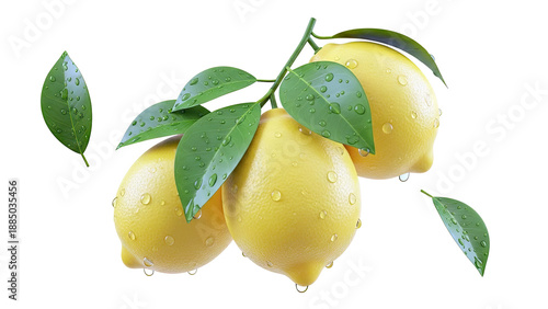 Fresh Lemons on a Branch with Water Droplets