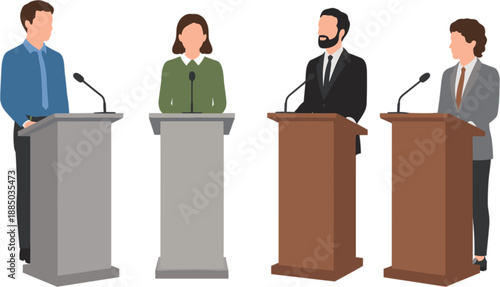 Diverse Group of Political Candidates or Business Professionals Giving Speeches at Podiums During Public Debate or Press Conference Flat Vector Illustration