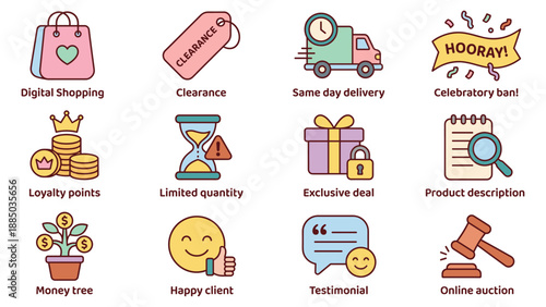 This versatile digital shopping marketplace icon pack, essential for modern ecommerce retail and consumer engagement. It features promotions, quick delivery, loyalty, clearance, and auction services
