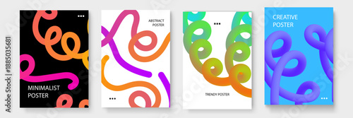 Set of artistic posters showcasing neon colored 3D tubes and swirling liquid shapes for modern interior decor