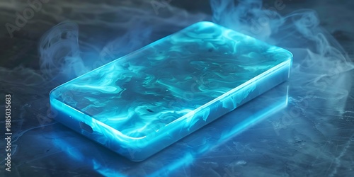 Mysterious glowing rectangular object emitting ethereal blue light and smoke on a dark surface