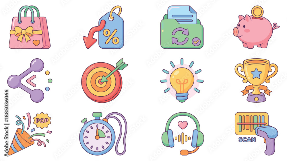 Fototapeta premium Explore this vibrant shopping, marketplace, ecommerce, and retail consumer icon set, a versatile pack illustrating business promotions, sales, and customer success concepts