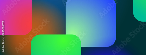 Layers of vibrant green and blue geometric shapes with soft shadows and smooth color blends