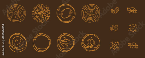 Abstract hand drawn circular elements in warm golden tones on brown background. Organic line art inspired by nature, suitable for boho branding, eco products, packaging, labels and wellness 