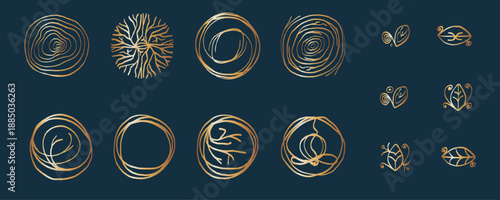 Hand drawn abstract circular shapes in gold line style on dark blue background. Organic and nature inspired symbols with an elegant, premium look, ideal for luxury branding, packaging, cosmetics, invi