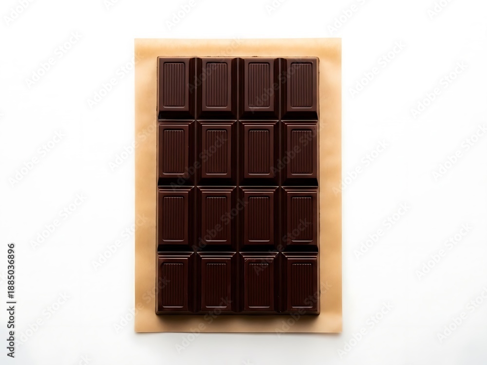 Fototapeta premium Top view of a dark chocolate bar with 16 segments on a light brown wrapper isolated on white
