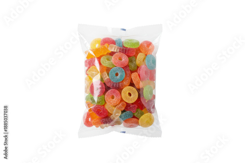 Bag of colorful gummy rings candy, sweet snacks, assorted fruit flavors