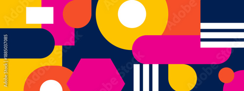 Clean minimalist composition featuring bold colored circles polygons and rounded bars