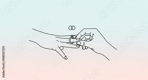 Hands exchanging wedding rings on pastel background