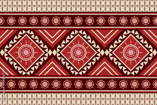 Red Ethnic Diamond Border Seamless Pattern. Seamless ethnic diamond pattern with decorative borders in red tones. Traditional textile style for fabric and decor.