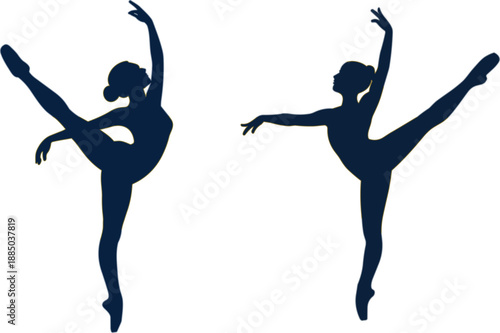 Elegant silhouettes of two graceful female ballet dancers performing artistic dance poses and arabesque movements isolated on white background for performing arts vector illustration