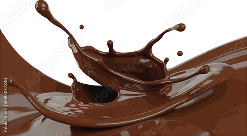 Dynamic Liquid Dark Chocolate Splash with Realistic Swirling Waves and Glossy Droplets Isolated on White Background for Dessert Food Branding