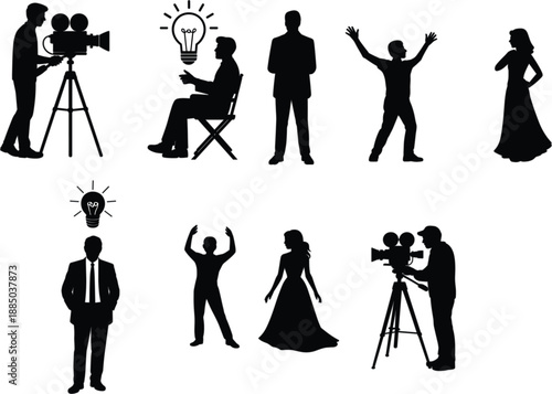 Film production silhouette bundle featuring movie director cameraman actress producer creative lightbulb icons and professional cinematography industry staff icons