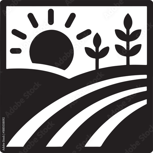 Farm landscape icon compressed into a square stamp-style silhouette in bold vector style