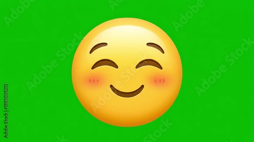 A vibrant digital illustration of a shy, blushing emoji face smiling happily, isolated on a bright green screen.