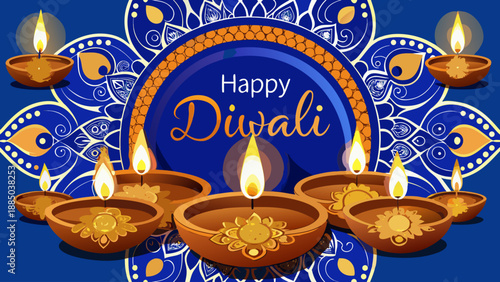 Celebrating diwali with illuminated lamps and ornate patterns Vector