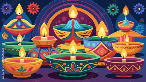 Vibrant festival of lights with colorful diya lamps Vector