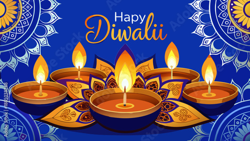 Celebrate the festival of lights with radiant diya lamps Vector