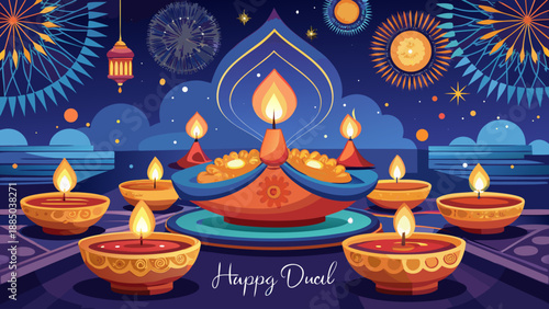 Celebrating diwali with radiant lights and fireworks Vector