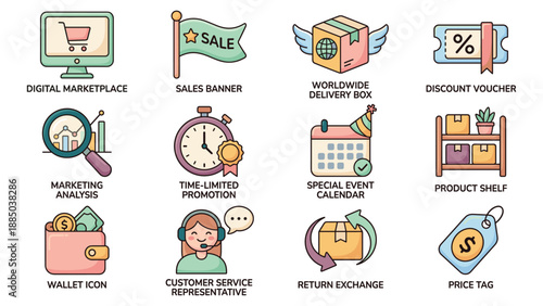 Modern shopping marketplace and ecommerce icon pack, vital for retail promotions. This comprehensive consumer-focused set covers digital sales, delivery, discounts, marketing, and customer service