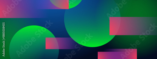 A modern abstract composition featuring overlapping translucent green circles and horizontal purple bars on a deep blue gradient background