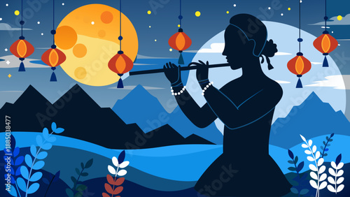 Silhouetted woman playing flute under moonlit night sky Vector