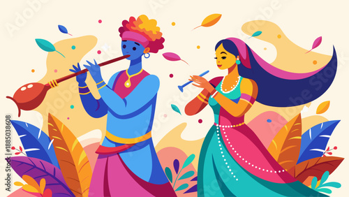 Vibrant couple dancing in traditional attire amidst colorful petals Vector