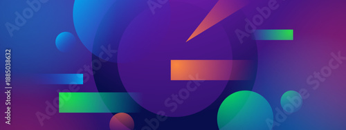 A sophisticated abstract design using overlapping blue circles and green gradient horizontal bars on a purple tinted background