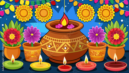 Vibrant celebration of festive lights and flowers Vector
